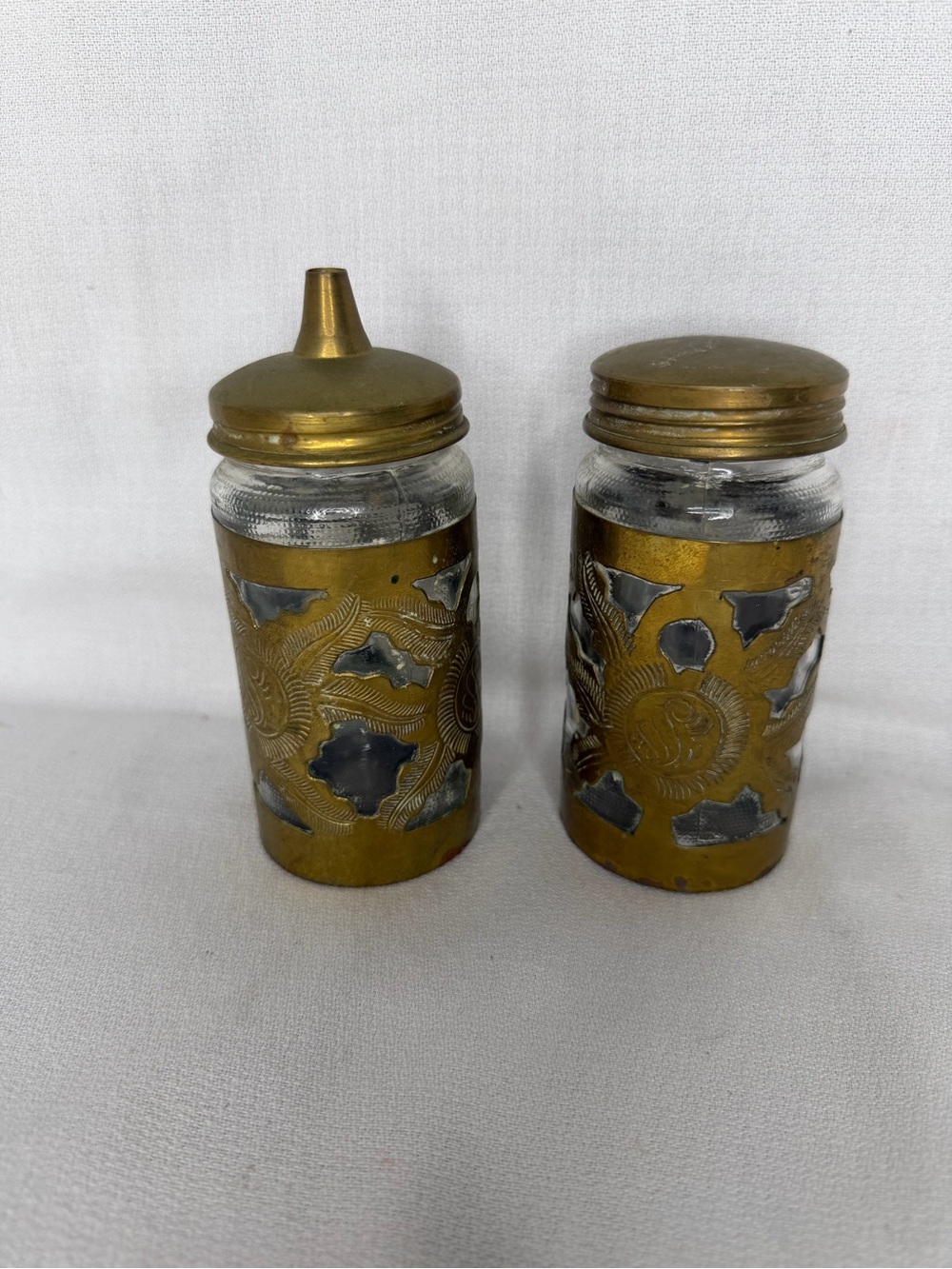 Vtg Brass Embossed Glass Shaker/Jelly Jars Aztec Southwestern 5”